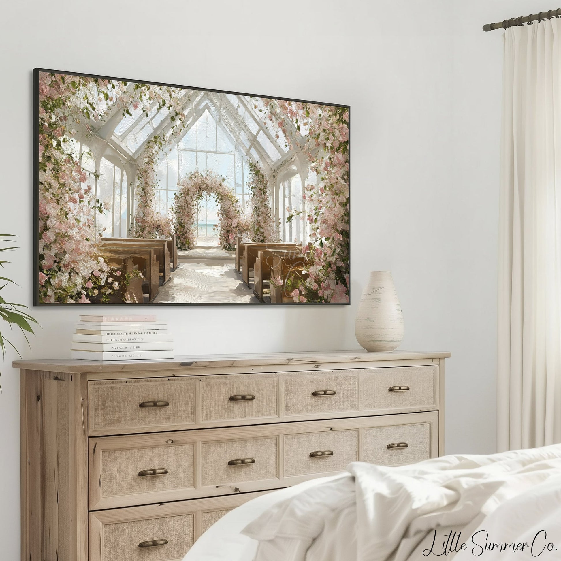 Floral Beach Wedding Chapel Frame TV Art displayed on a TV