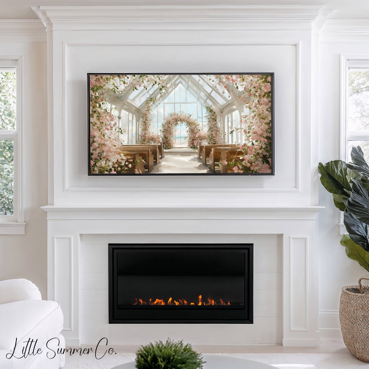 Floral Beach Wedding Chapel Frame TV Art displayed on a TV