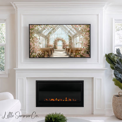 Floral Beach Wedding Chapel Frame TV Art displayed on a TV