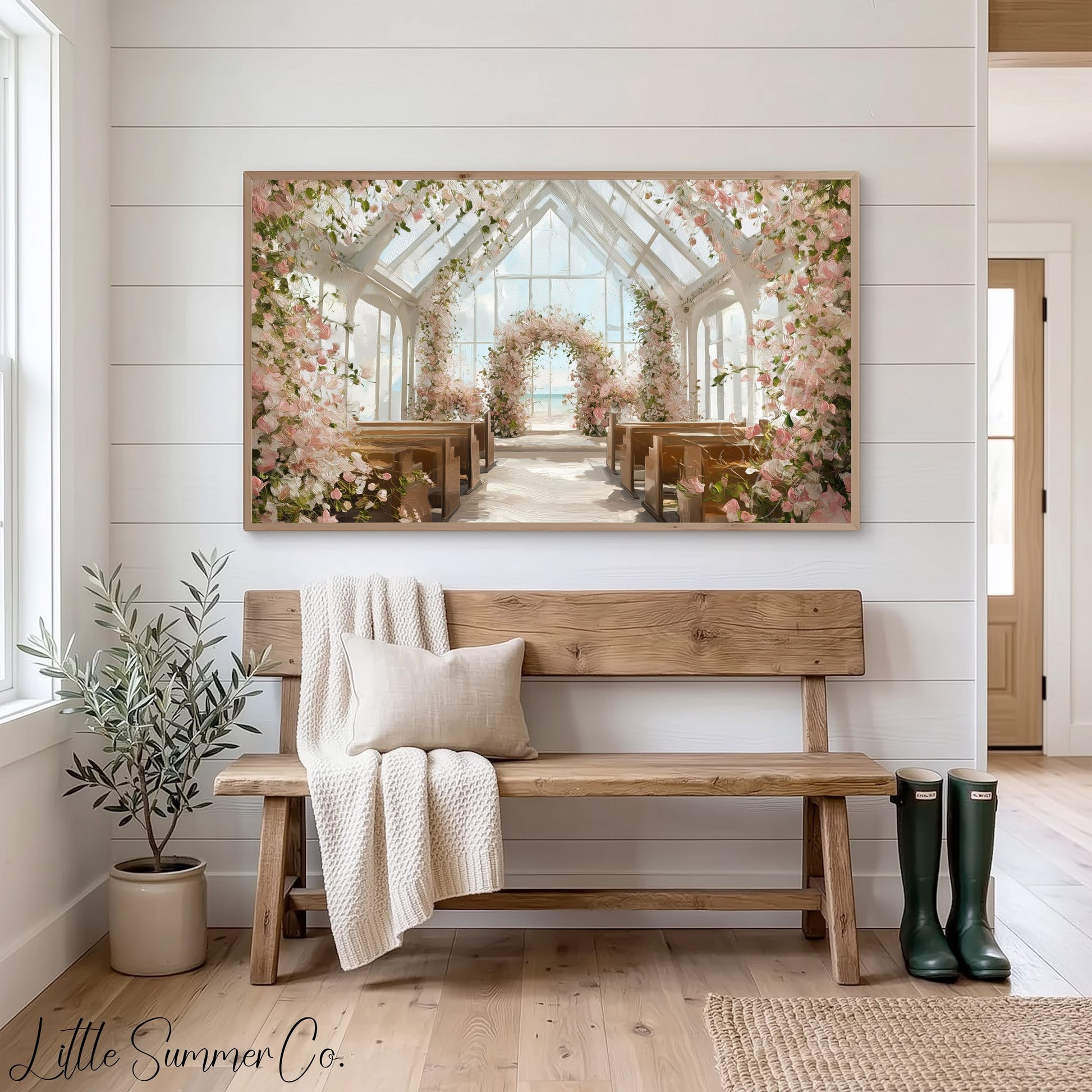 Floral Beach Wedding Chapel Frame TV Art displayed on a TV