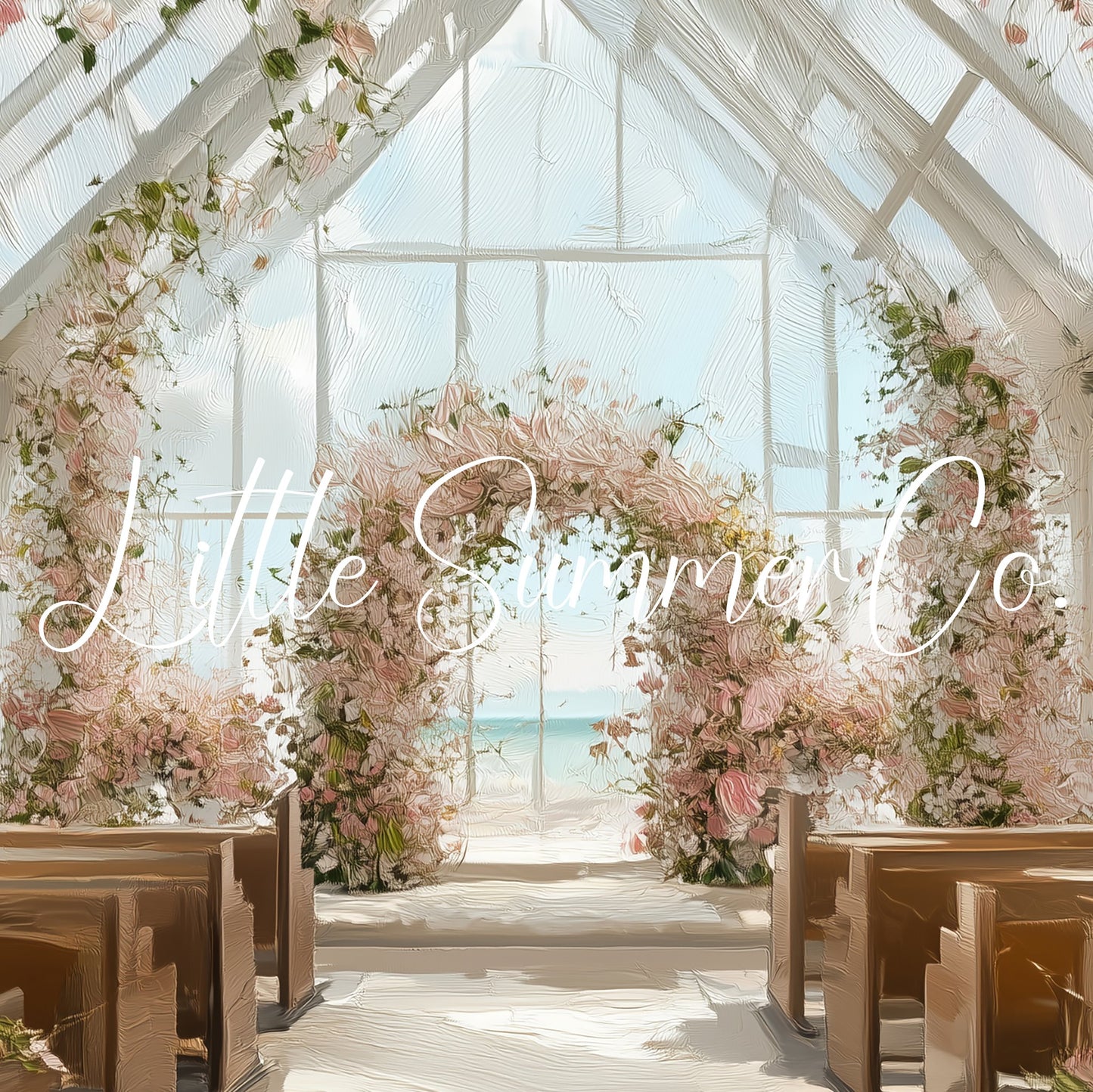 Floral Beach Wedding Chapel Frame TV Art displayed on a TV