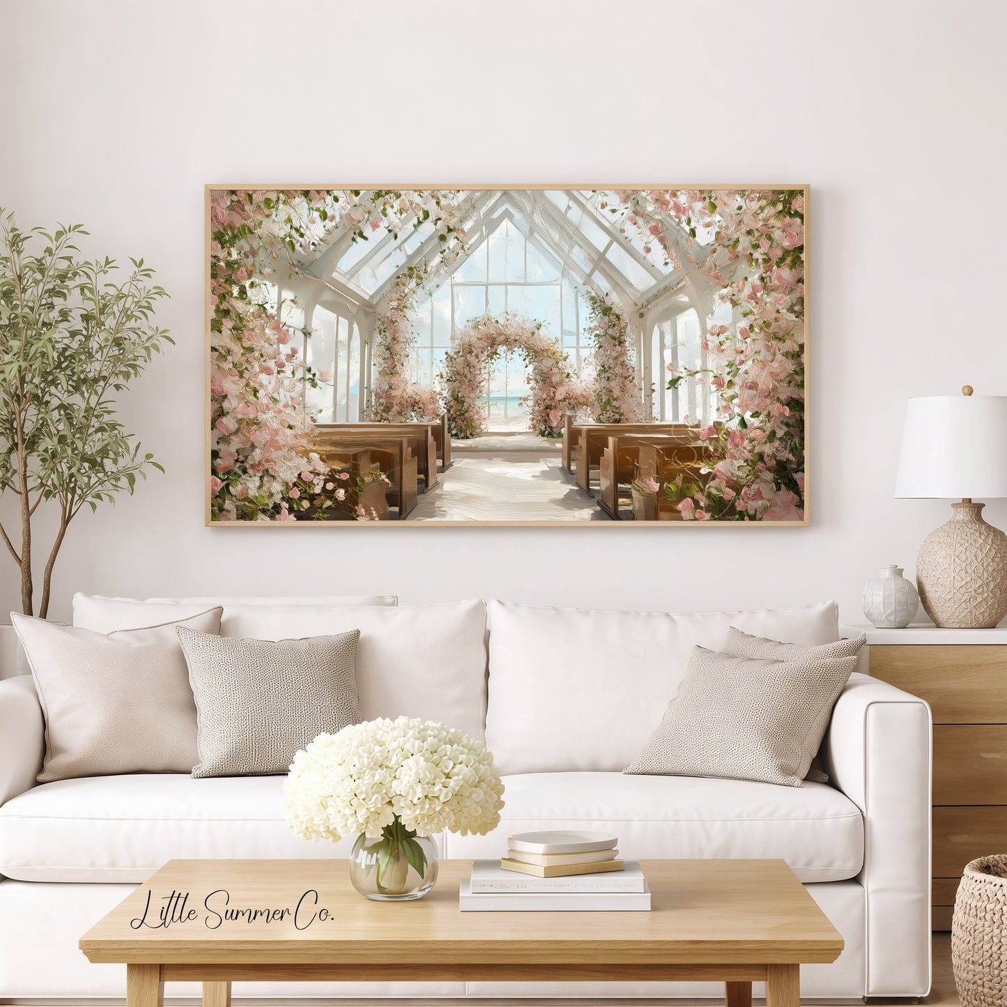 Floral Beach Wedding Chapel Frame TV Art displayed on a TV
