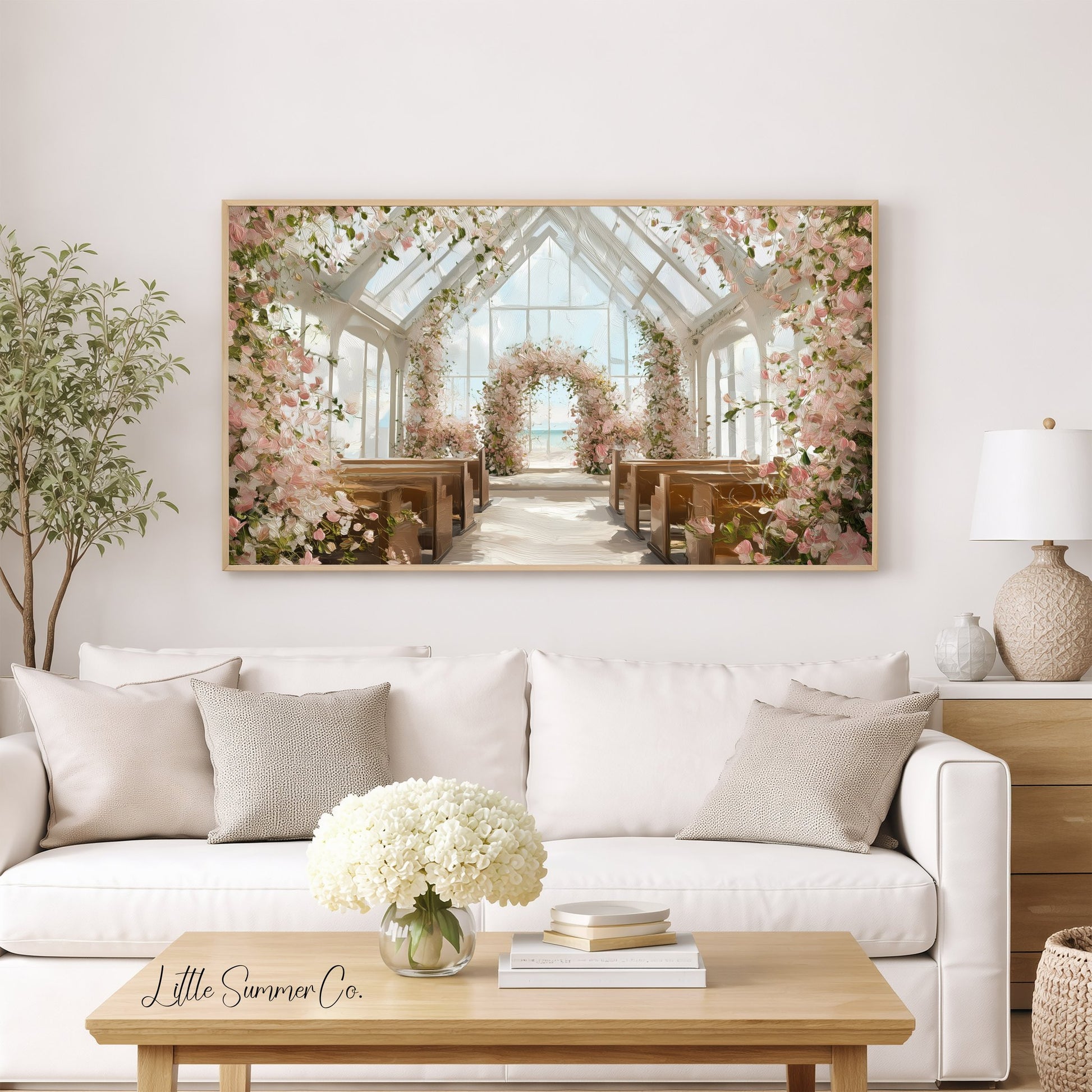Floral Beach Wedding Chapel Frame TV Art displayed on a TV
