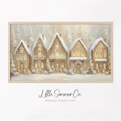 Golden Gingerbread Village Frame TV Art displayed on a TV