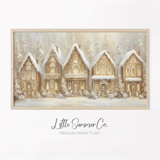 Golden Gingerbread Village Frame TV Art displayed on a TV