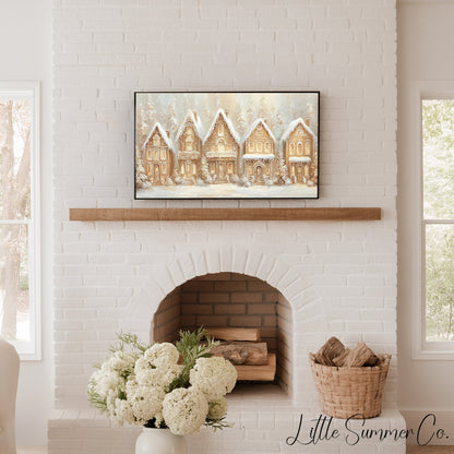 Golden Gingerbread Village Frame TV Art displayed on a TV