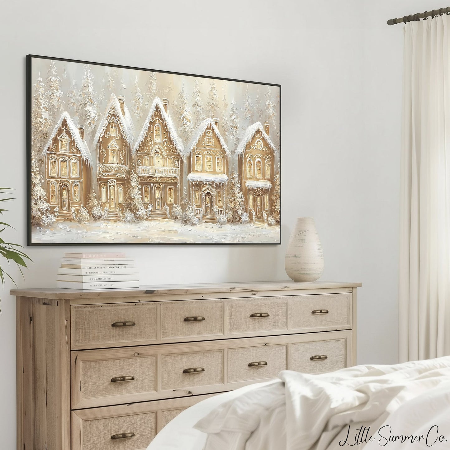 Golden Gingerbread Village Frame TV Art displayed on a TV