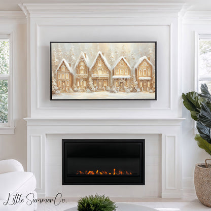 Golden Gingerbread Village Frame TV Art displayed on a TV