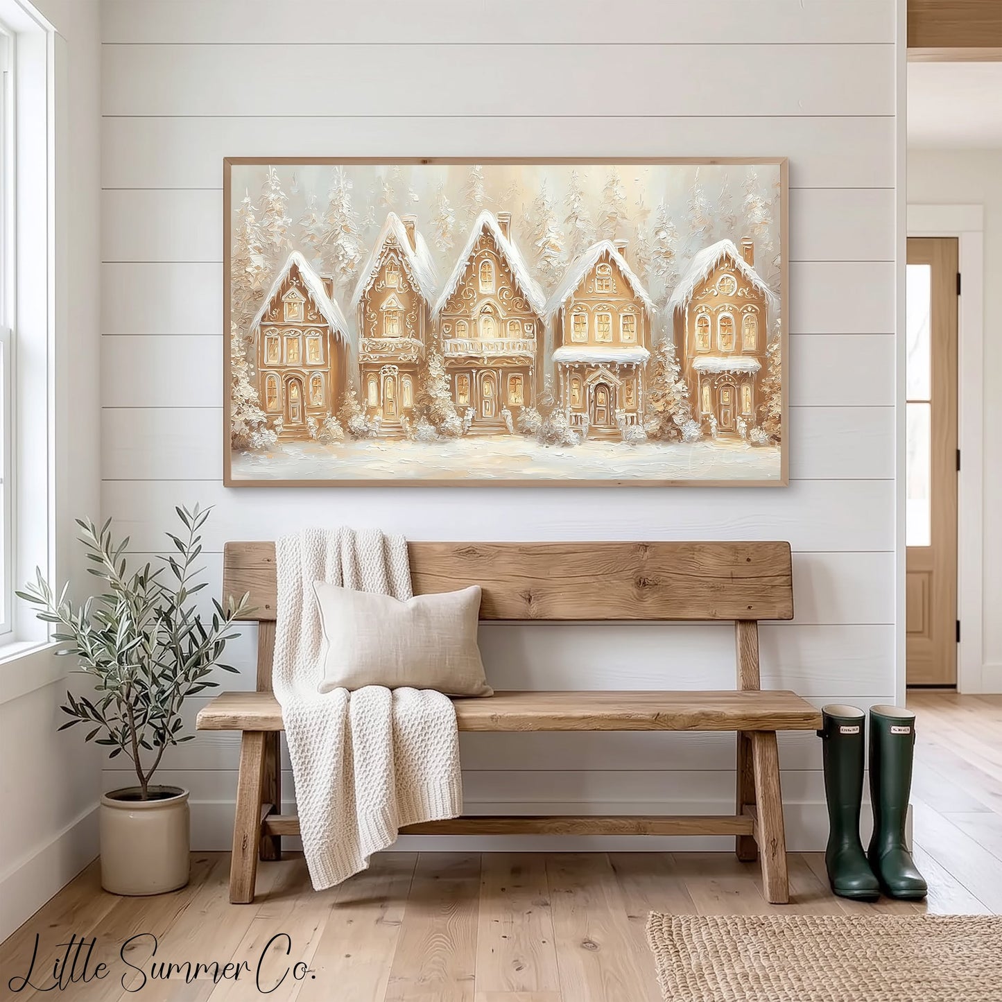 Golden Gingerbread Village Frame TV Art displayed on a TV