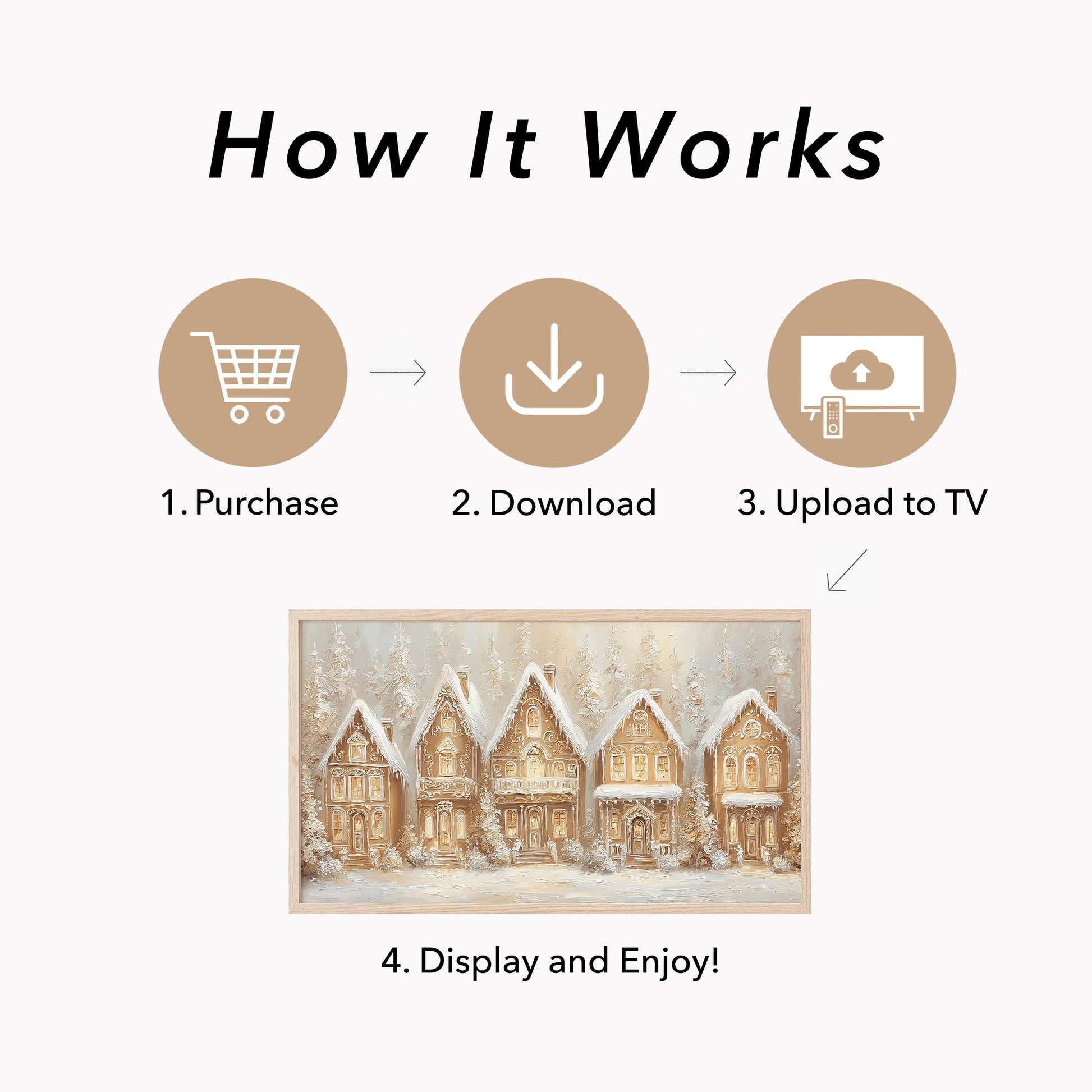 Golden Gingerbread Village Frame TV Art displayed on a TV