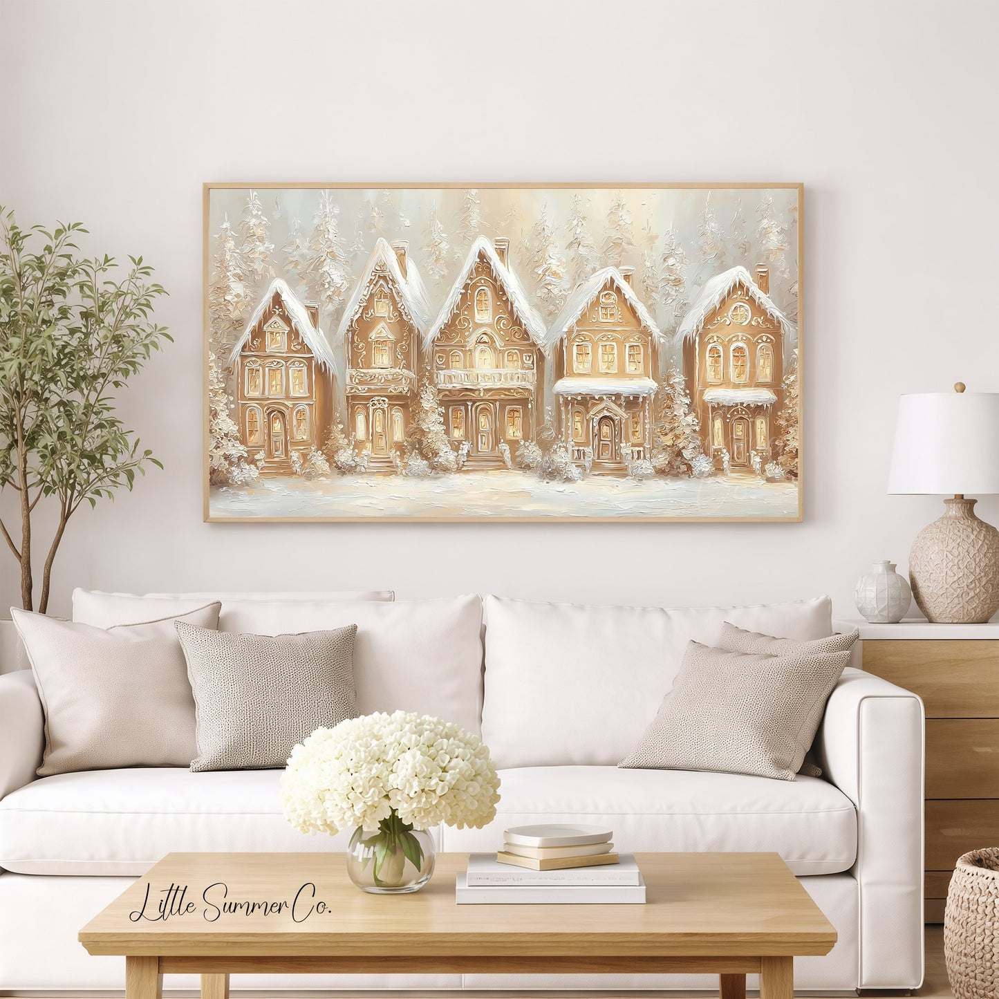 Golden Gingerbread Village Frame TV Art displayed on a TV