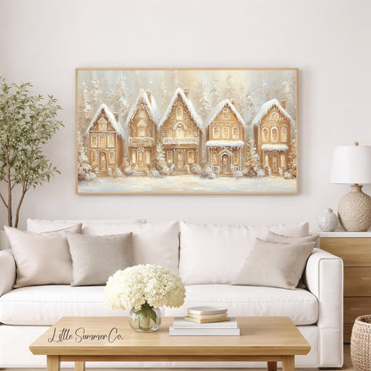 Golden Gingerbread Village Frame TV Art displayed on a TV