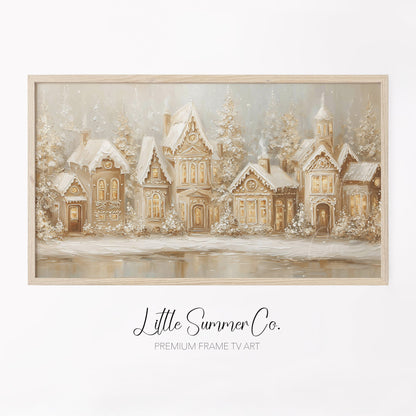 Gingerbread Village Snow Frame TV Art displayed on a TV