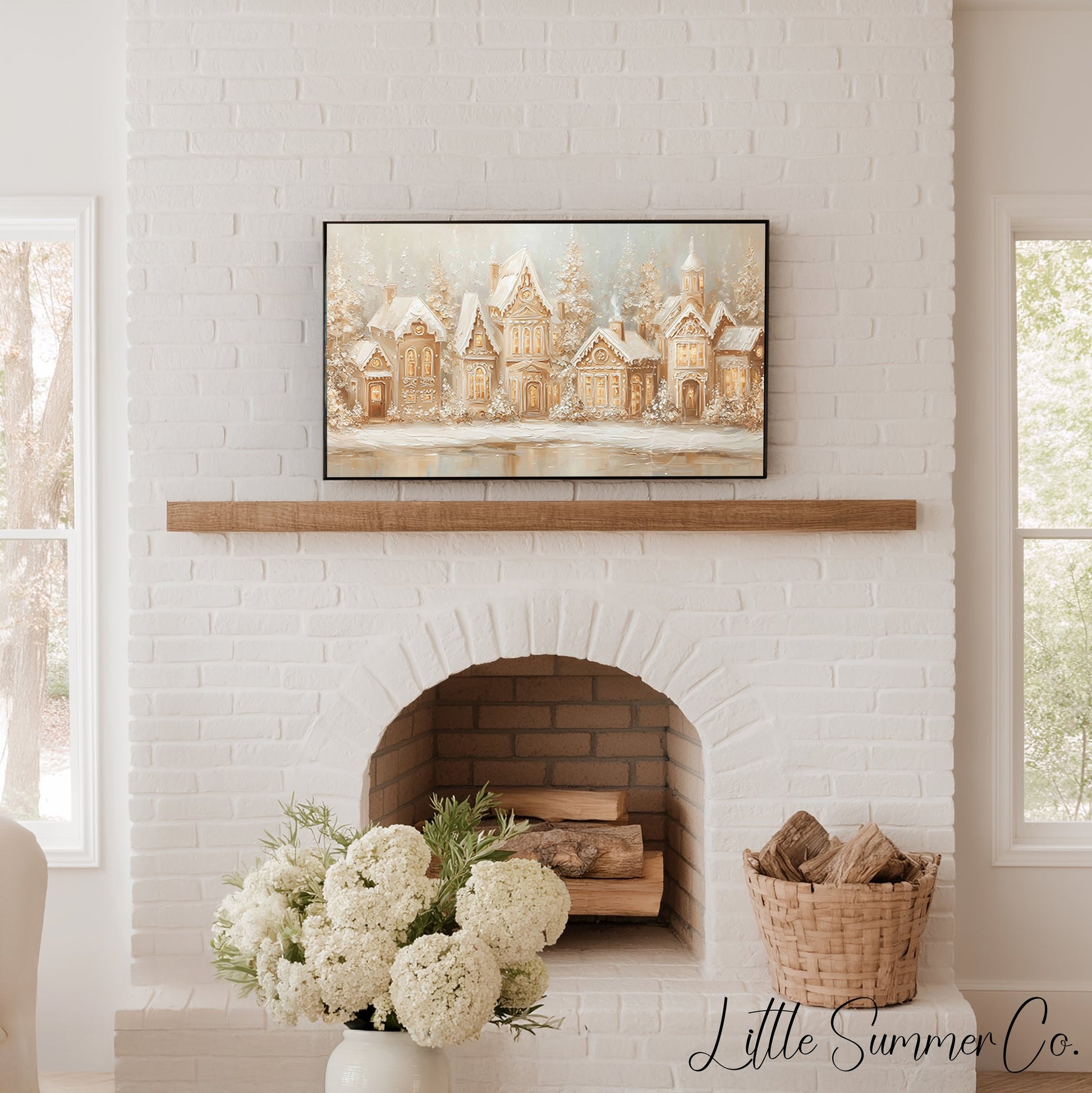 Gingerbread Village Snow Frame TV Art displayed on a TV