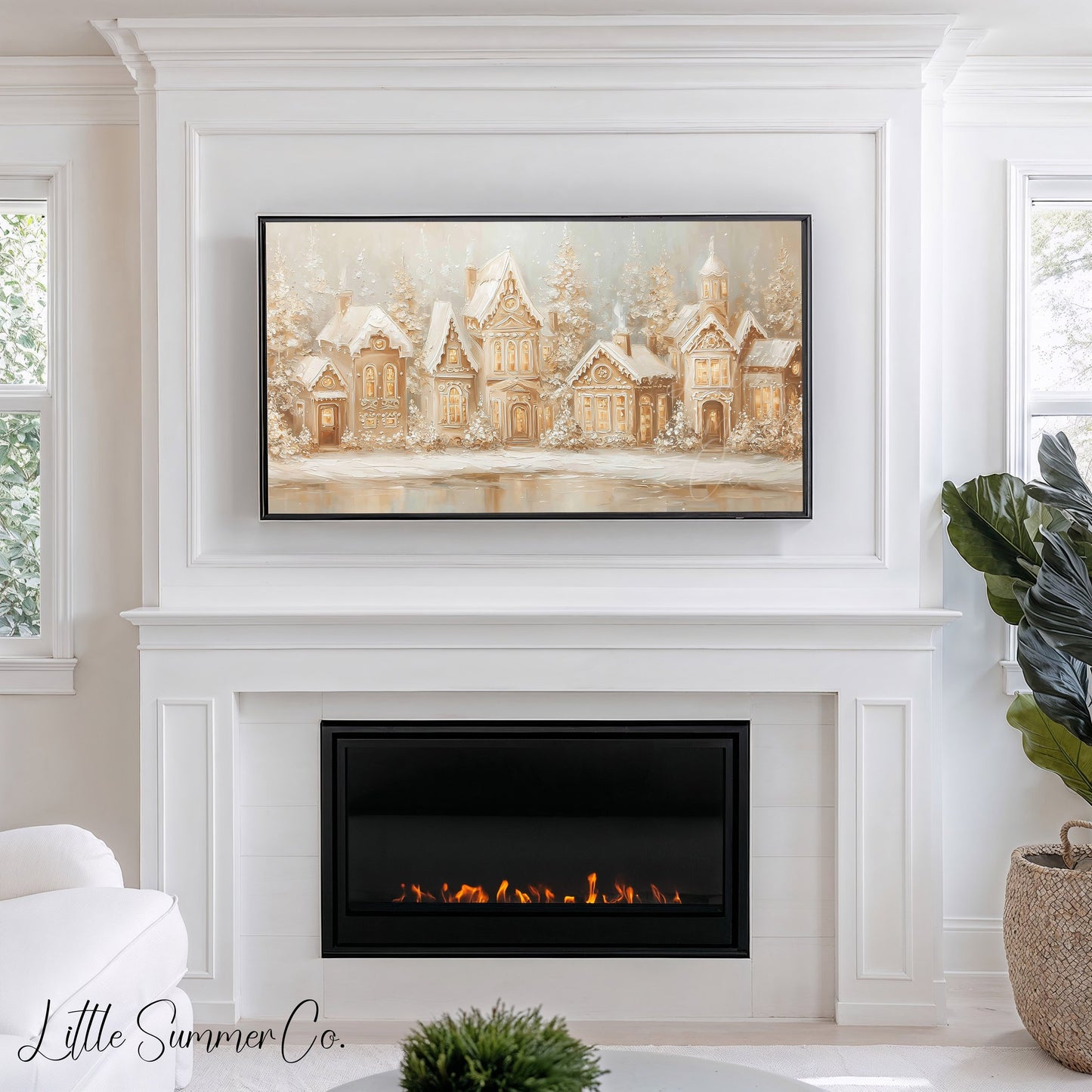 Gingerbread Village Snow Frame TV Art displayed on a TV