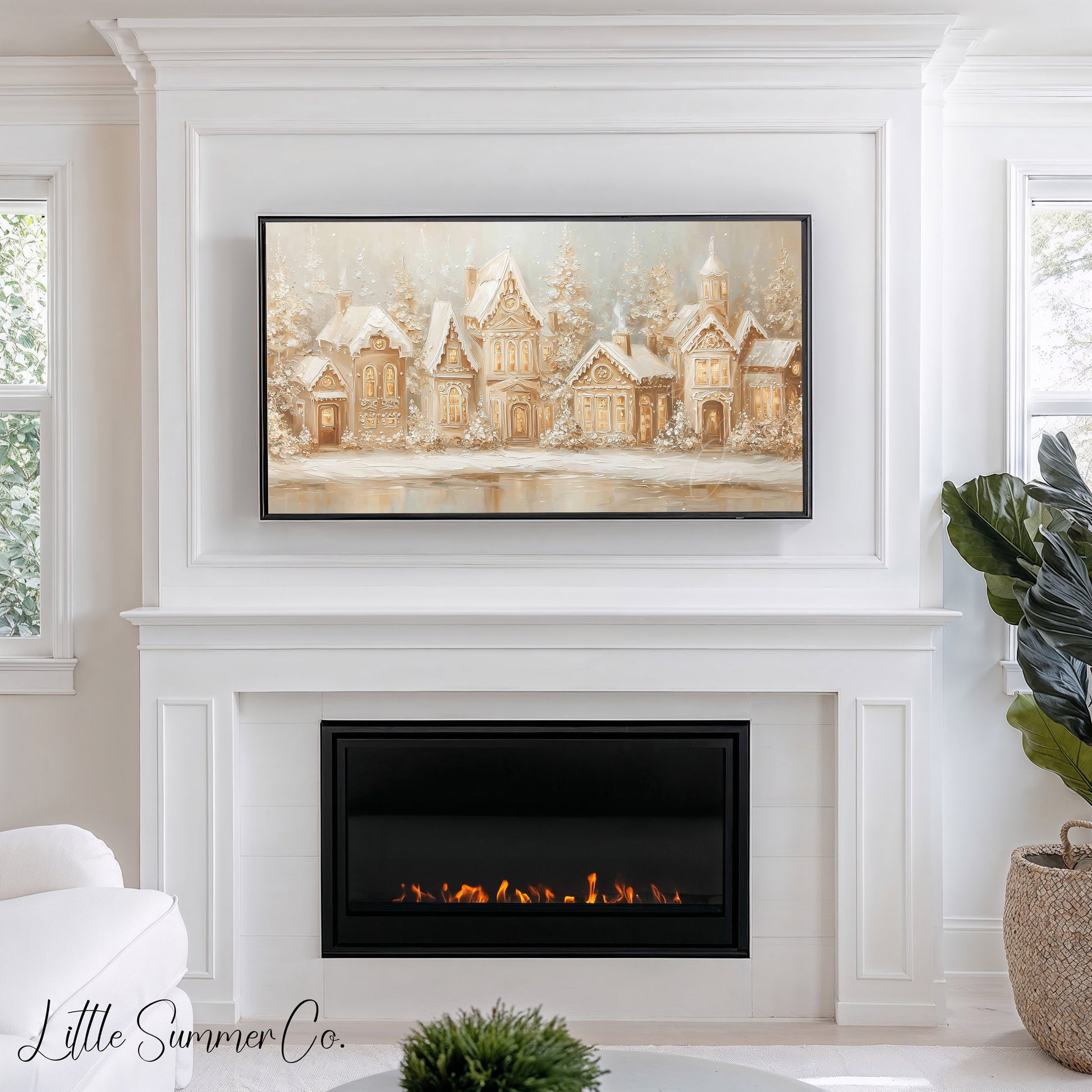 Gingerbread Village Snow Frame TV Art displayed on a TV