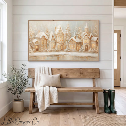 Gingerbread Village Snow Frame TV Art displayed on a TV