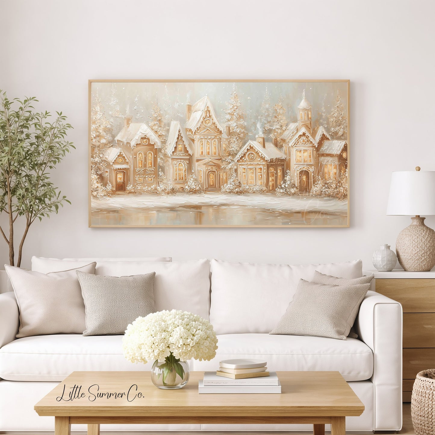 Gingerbread Village Snow Frame TV Art displayed on a TV