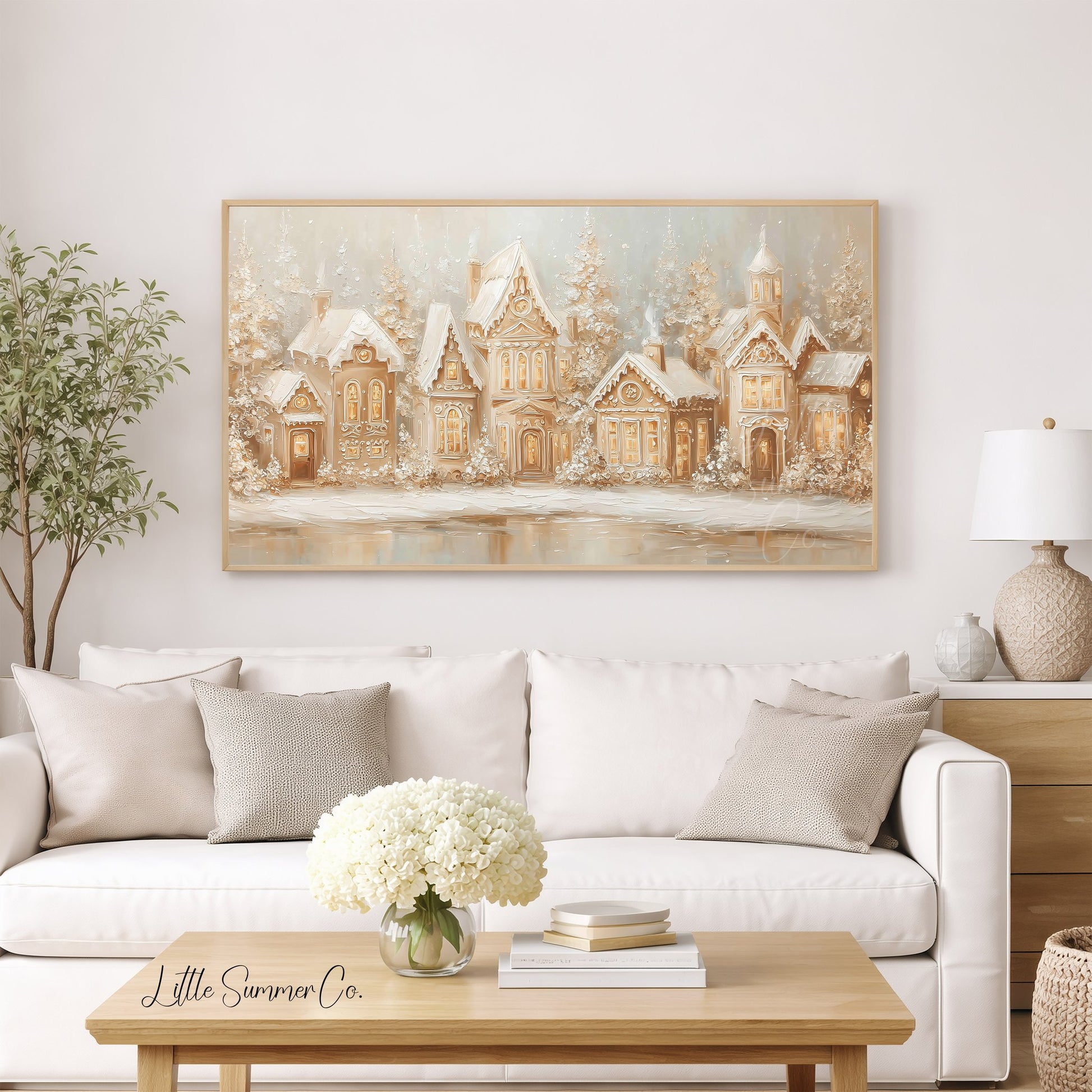 Gingerbread Village Snow Frame TV Art displayed on a TV