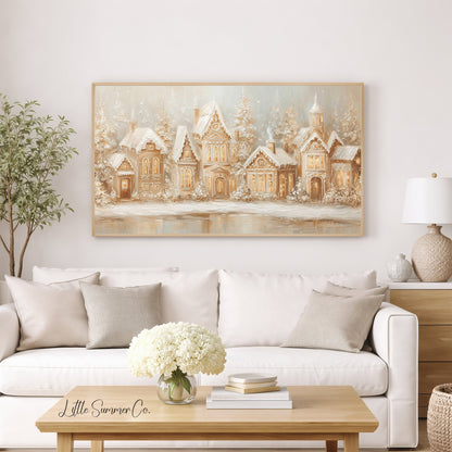 Gingerbread Village Snow Frame TV Art displayed on a TV