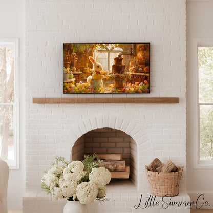 Easter Bunny Workshop Kitchen Frame TV Art displayed on a TV