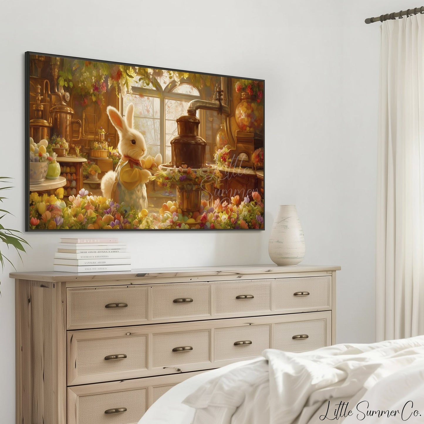 Easter Bunny Workshop Kitchen Frame TV Art displayed on a TV