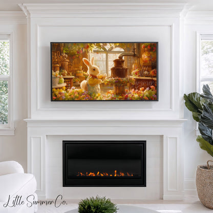Easter Bunny Workshop Kitchen Frame TV Art displayed on a TV
