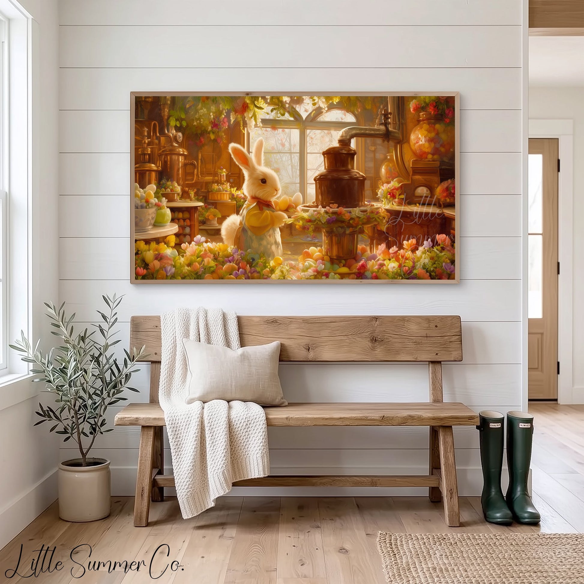 Easter Bunny Workshop Kitchen Frame TV Art displayed on a TV