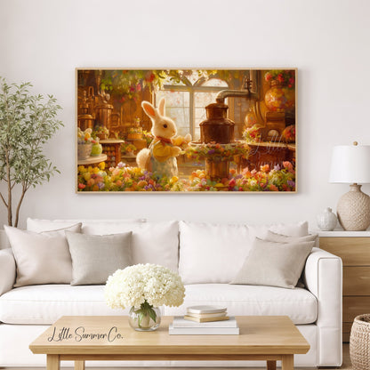 Easter Bunny Workshop Kitchen Frame TV Art displayed on a TV