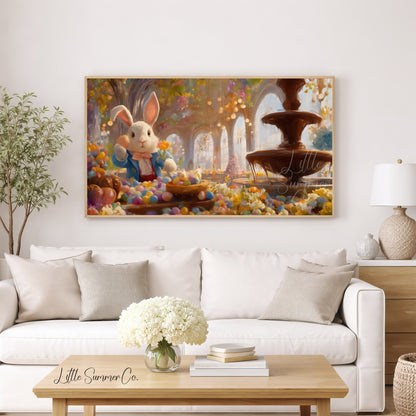 Easter Bunny Chocolate Fountain Frame TV Art displayed on a TV