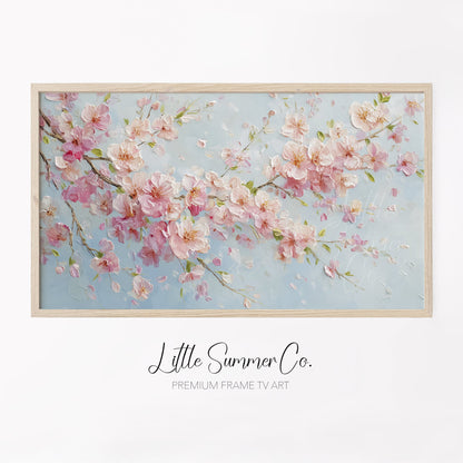 Pink Cherry Blossom Branches In Bloom Frame TV Art displayed on a TV