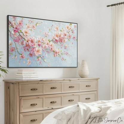 Pink Cherry Blossom Branches In Bloom Frame TV Art displayed on a TV