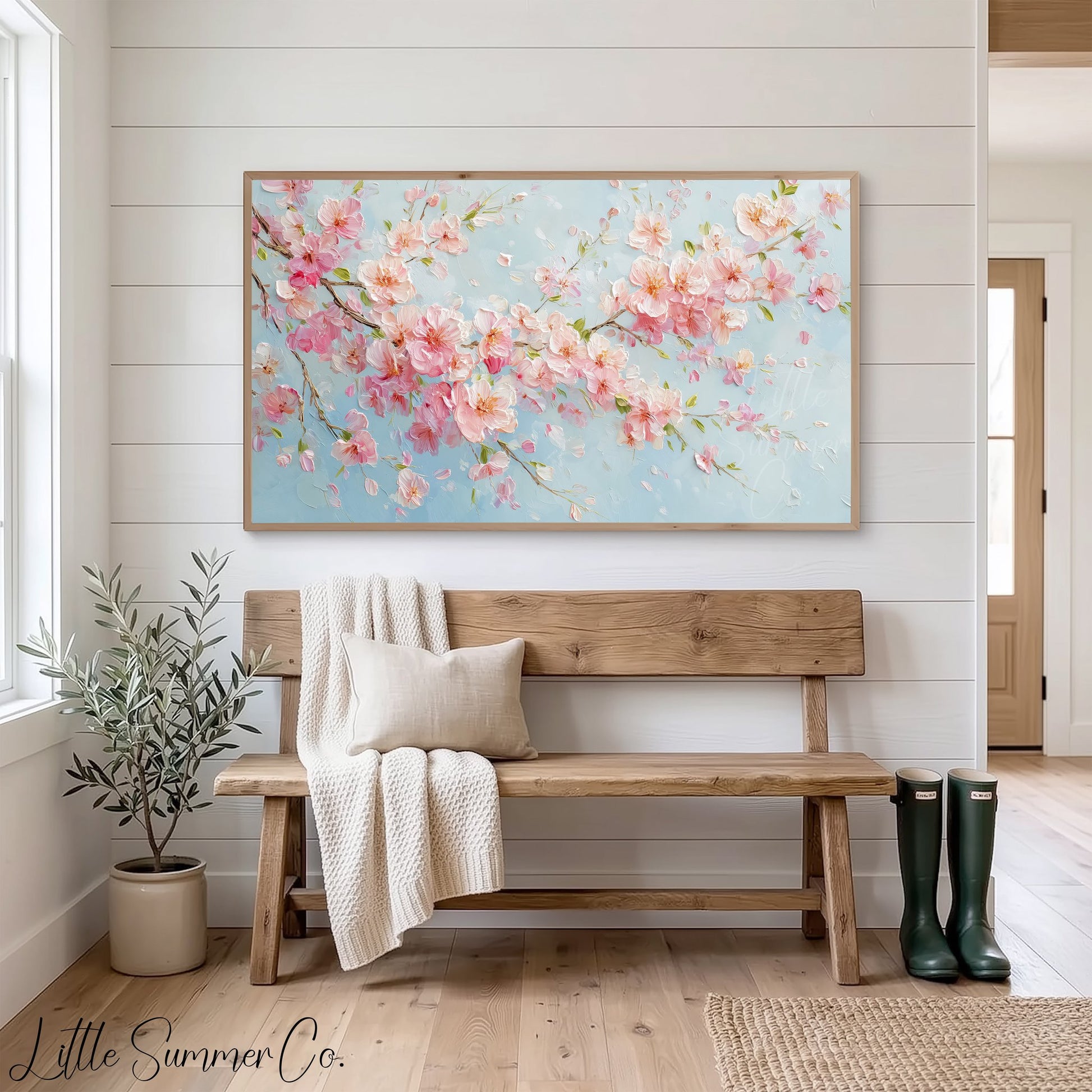 Pink Cherry Blossom Branches In Bloom Frame TV Art displayed on a TV