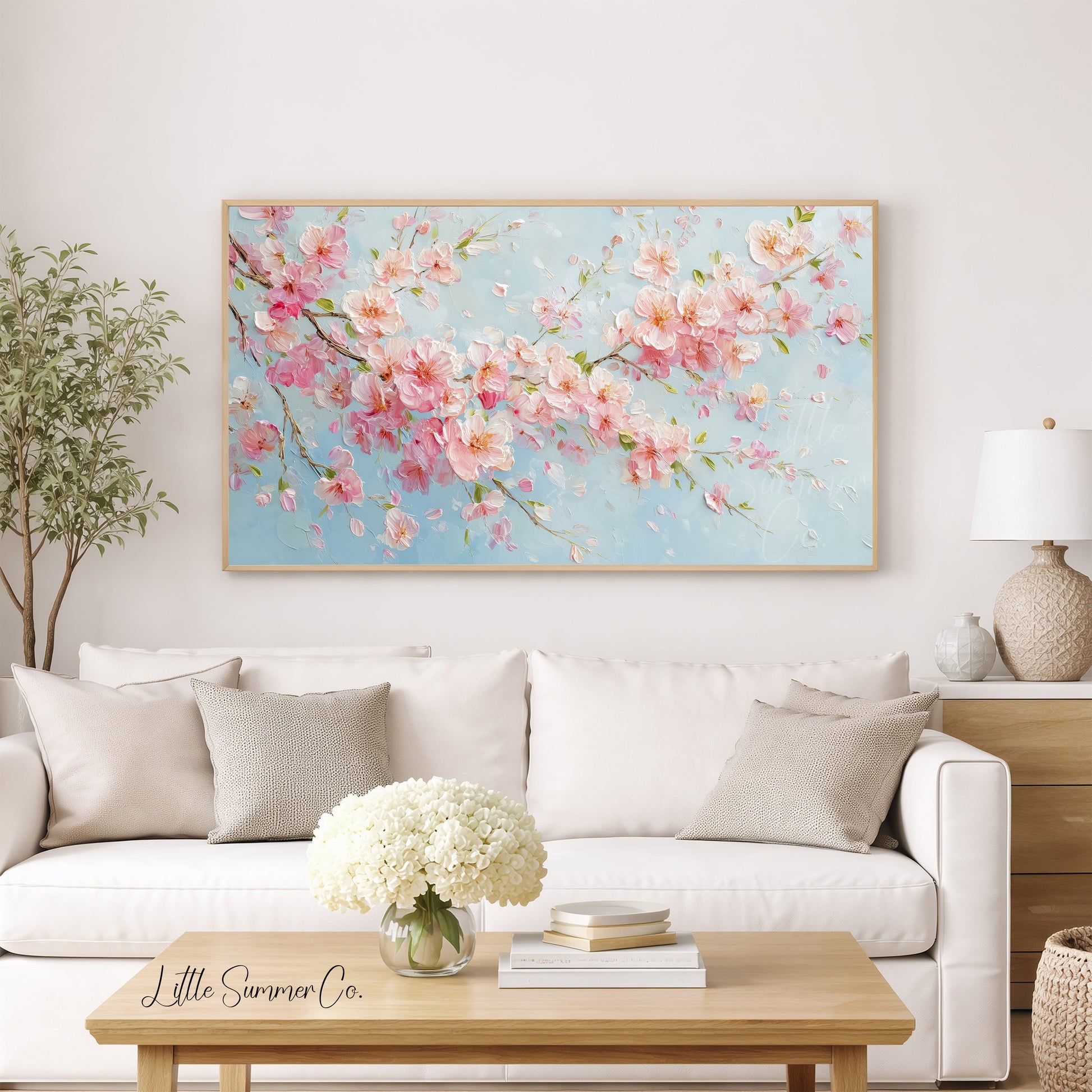 Pink Cherry Blossom Branches In Bloom Frame TV Art displayed on a TV