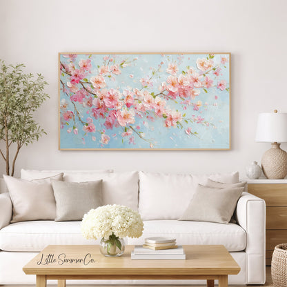 Pink Cherry Blossom Branches In Bloom Frame TV Art displayed on a TV