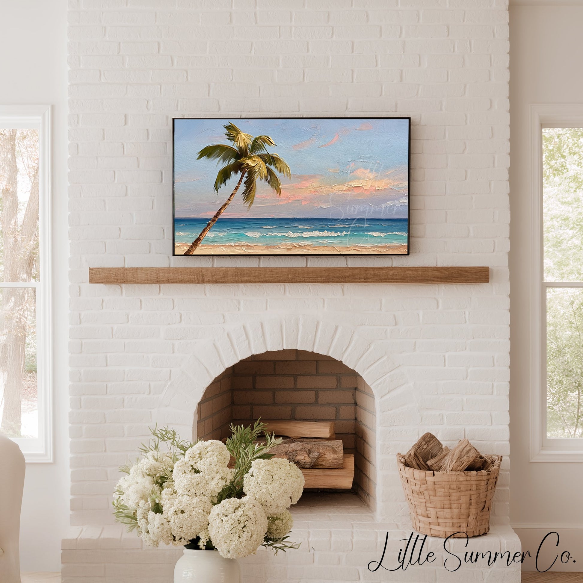 Tropical Palm Tree Beach Frame TV Art displayed on a TV