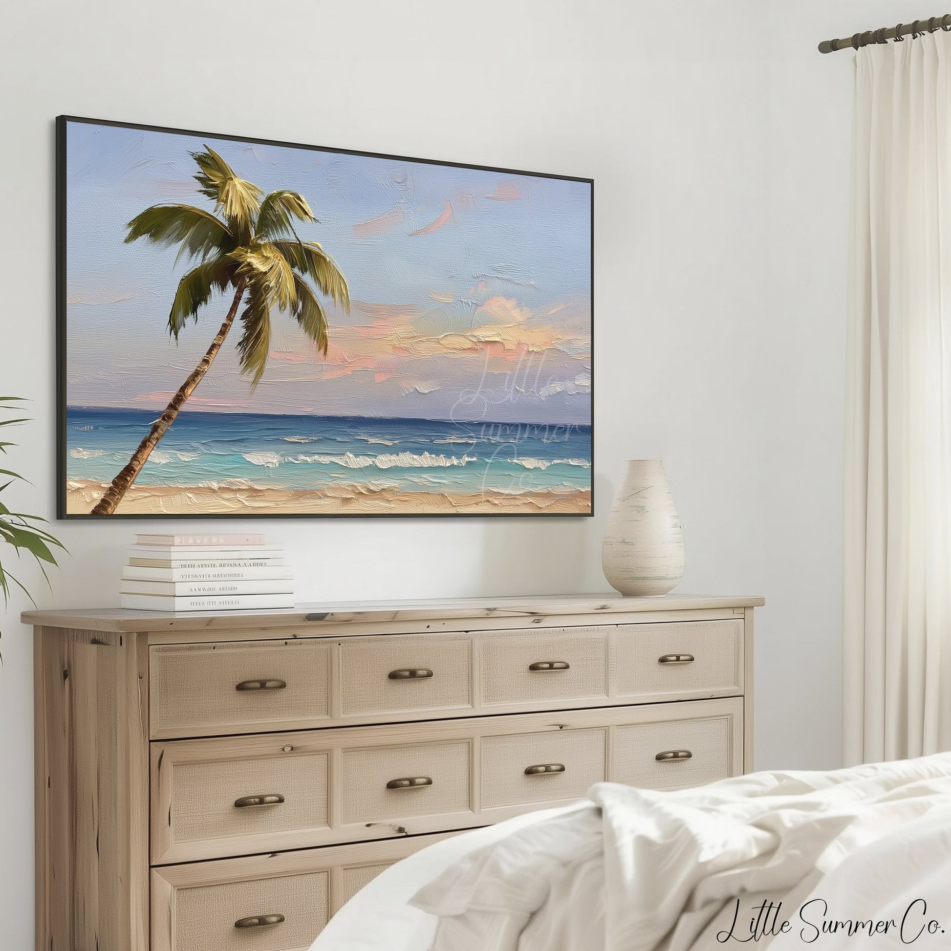 Tropical Palm Tree Beach Frame TV Art displayed on a TV