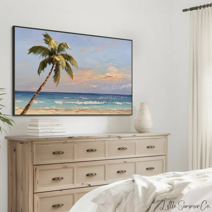 Tropical Palm Tree Beach Frame TV Art displayed on a TV