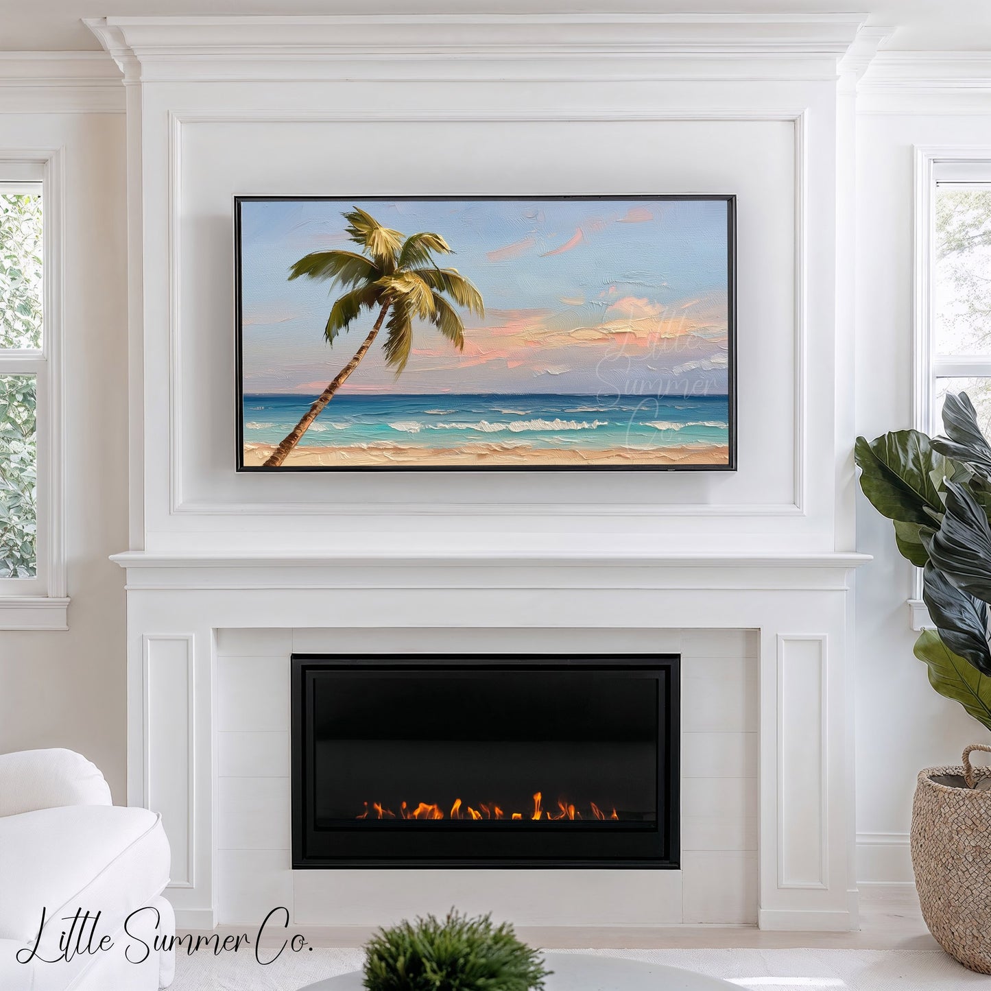 Tropical Palm Tree Beach Frame TV Art displayed on a TV