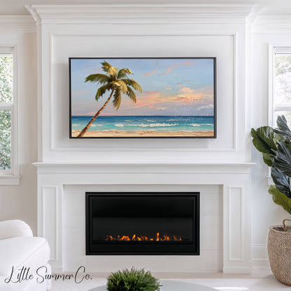 Tropical Palm Tree Beach Frame TV Art displayed on a TV