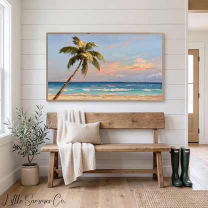 Tropical Palm Tree Beach Frame TV Art displayed on a TV