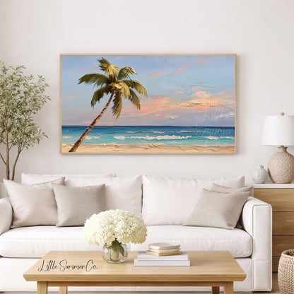 Tropical Palm Tree Beach Frame TV Art displayed on a TV