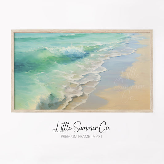 Ocean Waves Sandy Shore Frame TV Art displayed on a TV