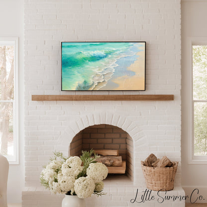 Ocean Waves Sandy Shore Frame TV Art displayed on a TV