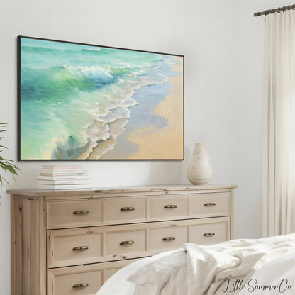 Ocean Waves Sandy Shore Frame TV Art displayed on a TV
