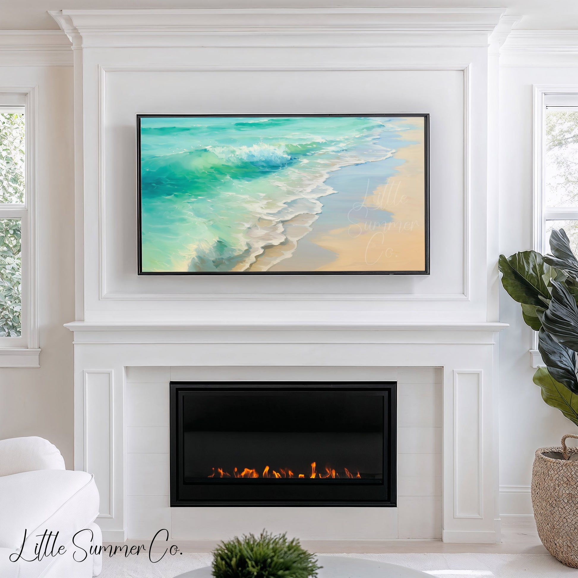Ocean Waves Sandy Shore Frame TV Art displayed on a TV