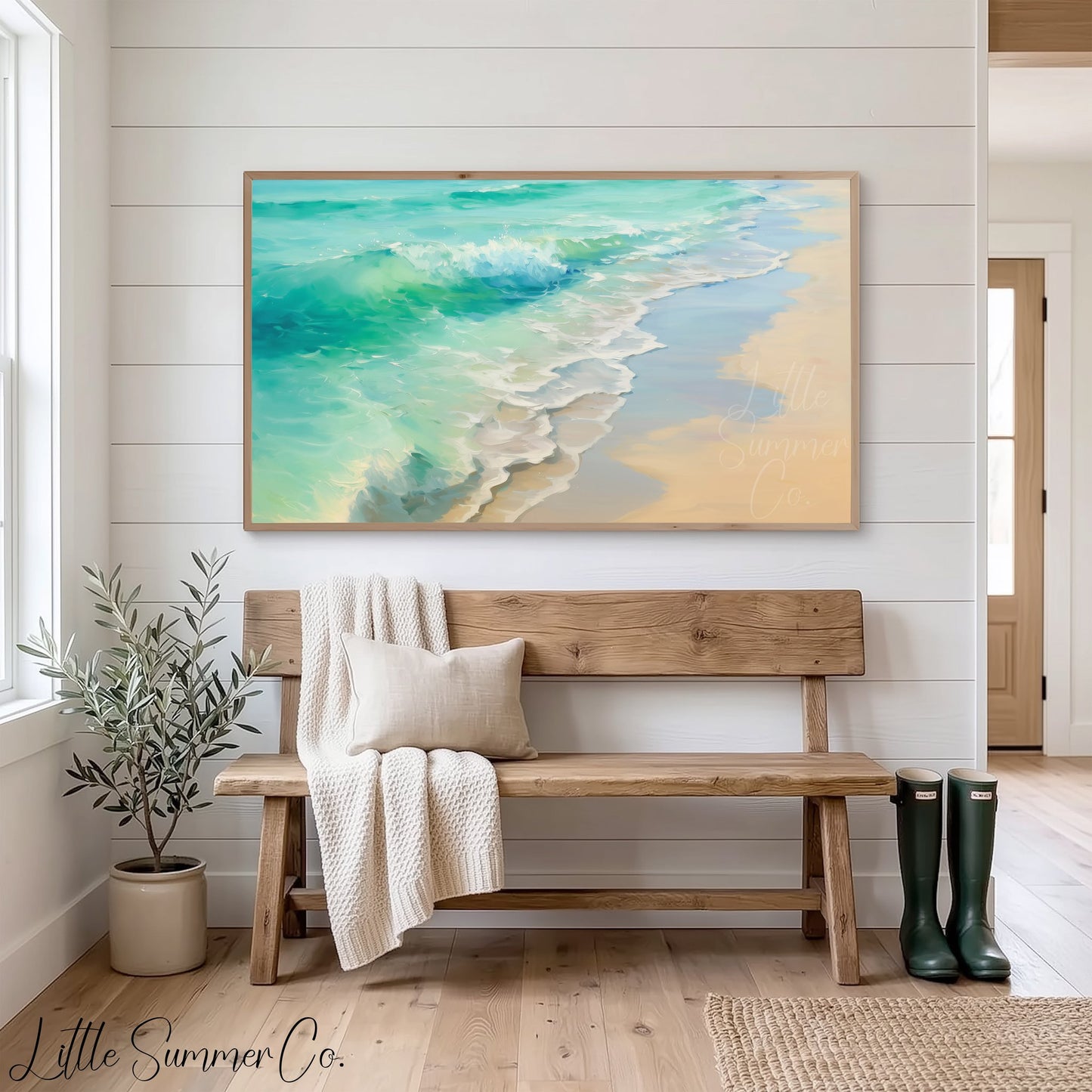 Ocean Waves Sandy Shore Frame TV Art displayed on a TV
