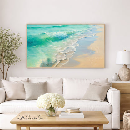 Ocean Waves Sandy Shore Frame TV Art displayed on a TV