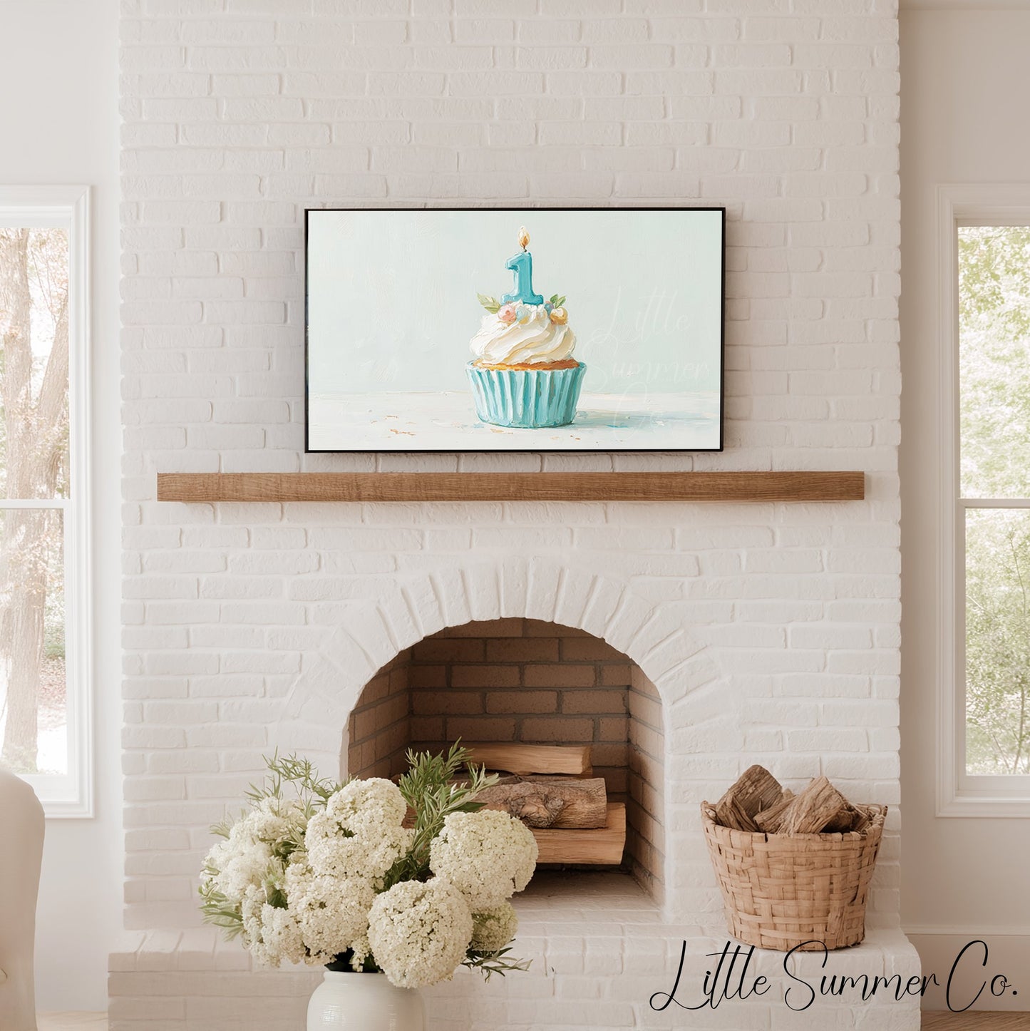Blue First Birthday Cupcake Frame TV Art displayed on a TV