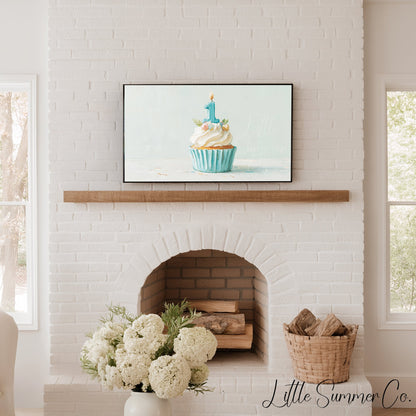 Blue First Birthday Cupcake Frame TV Art displayed on a TV